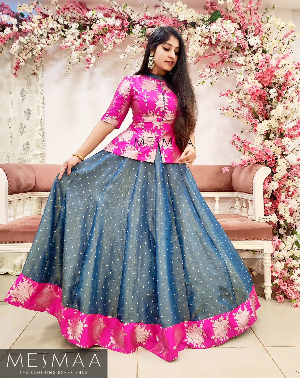 Fuschia pink ash blue tissue banarasi  lehenga.