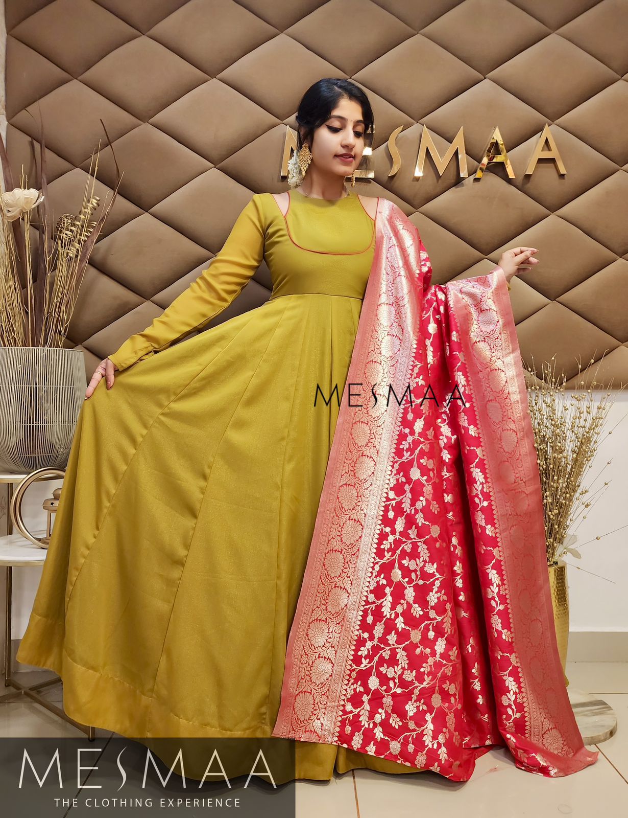 Caramel yellow crimson red Banarasi dupatta gown.