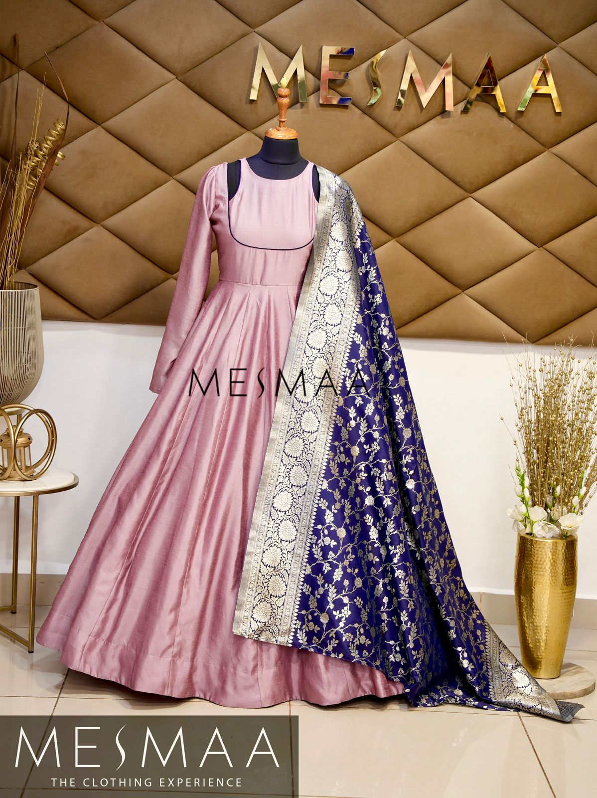 Pastel pink navy blue Banarasi dupatta gown.
