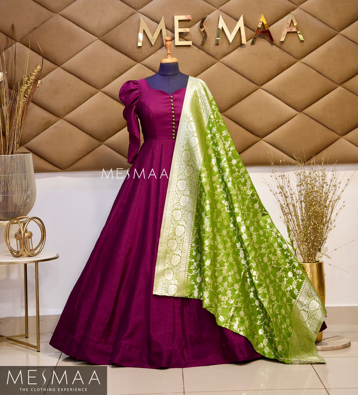 Vine olive green Banarasi dupatta gown.
