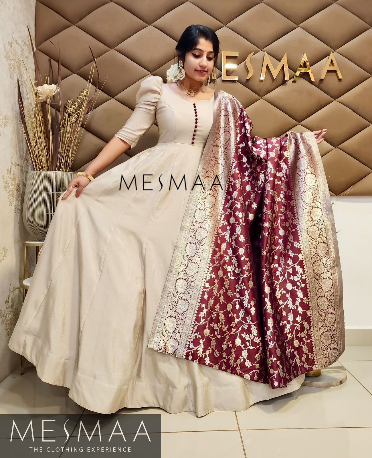 Almond white Deep Brown Banarasi dupatta gown.