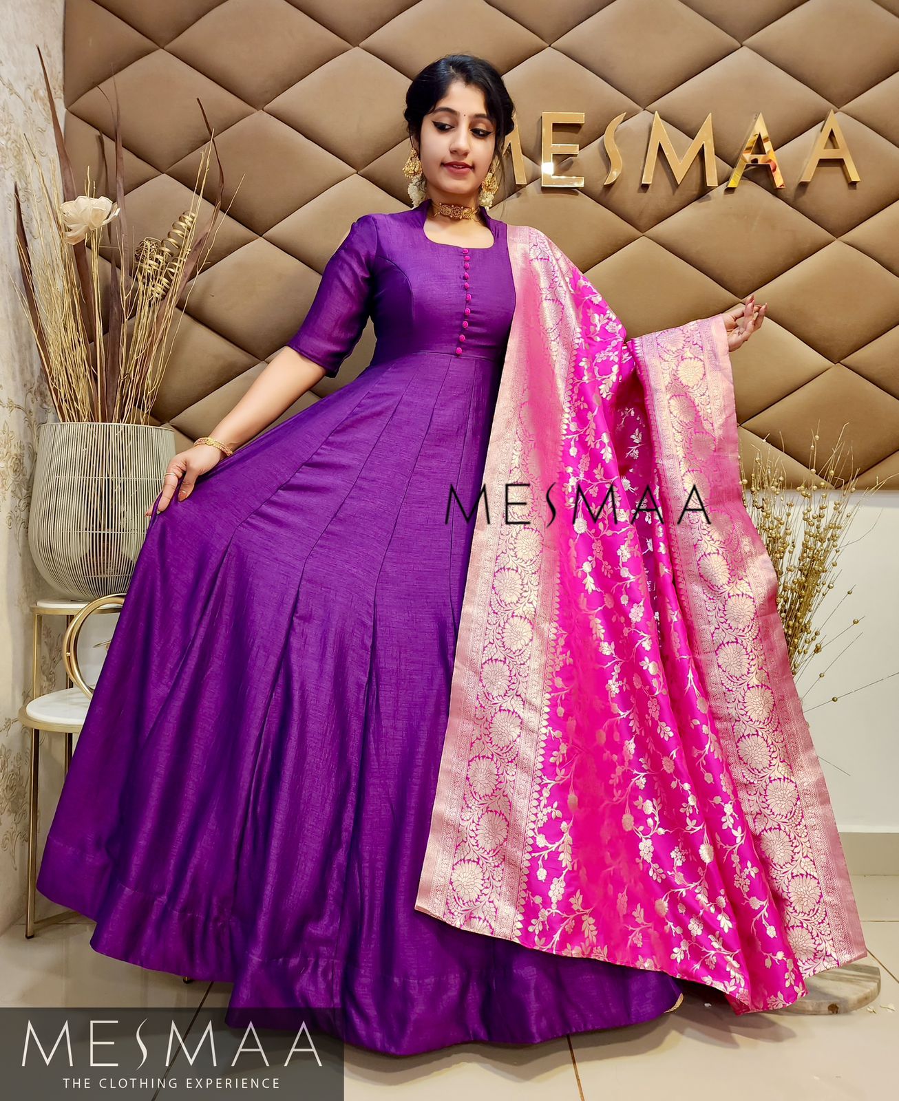 Violet Fuchsia Pink Banarasi dupatta gown.