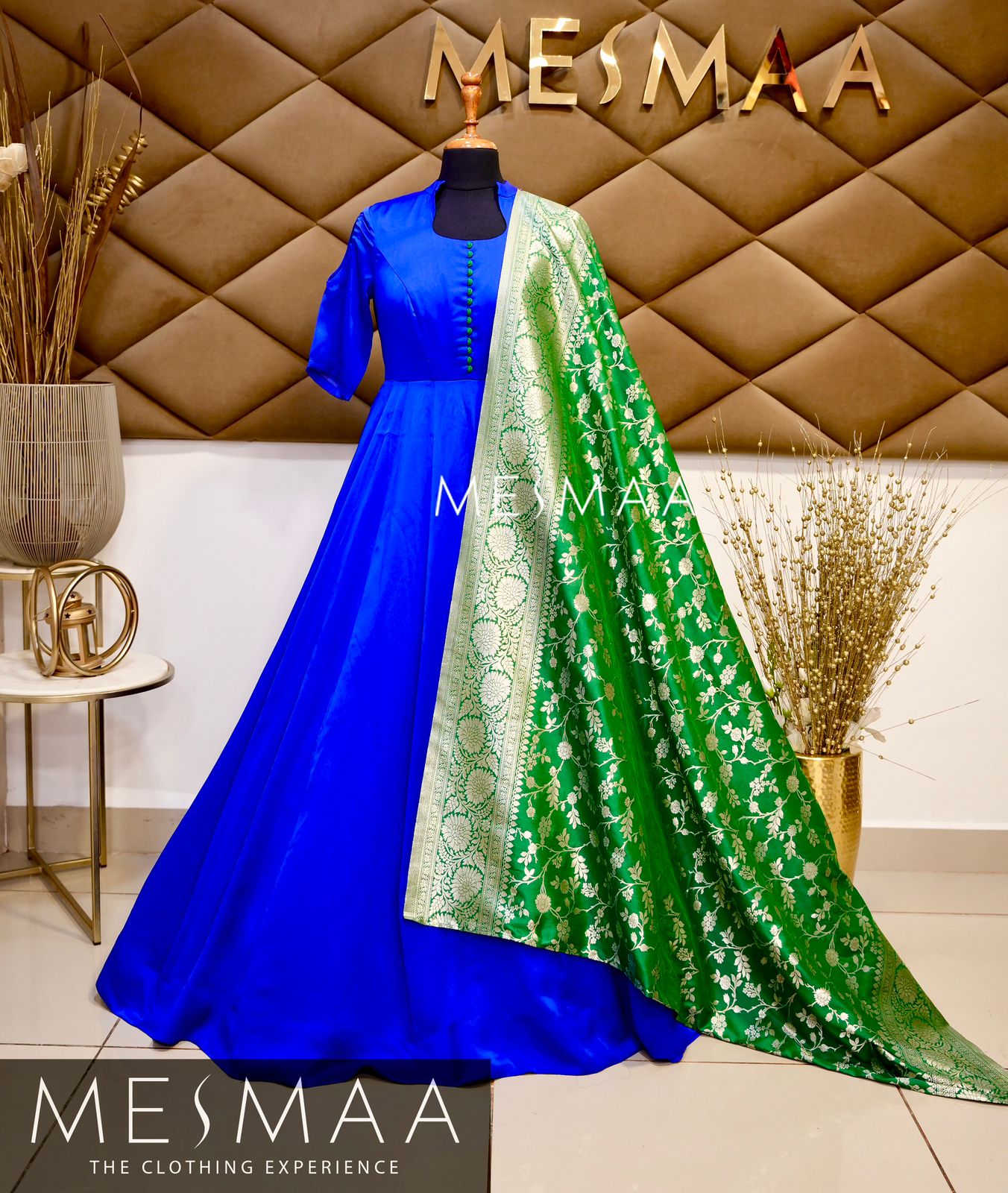 Electric blue bottle green Banarasi dupatta gown.