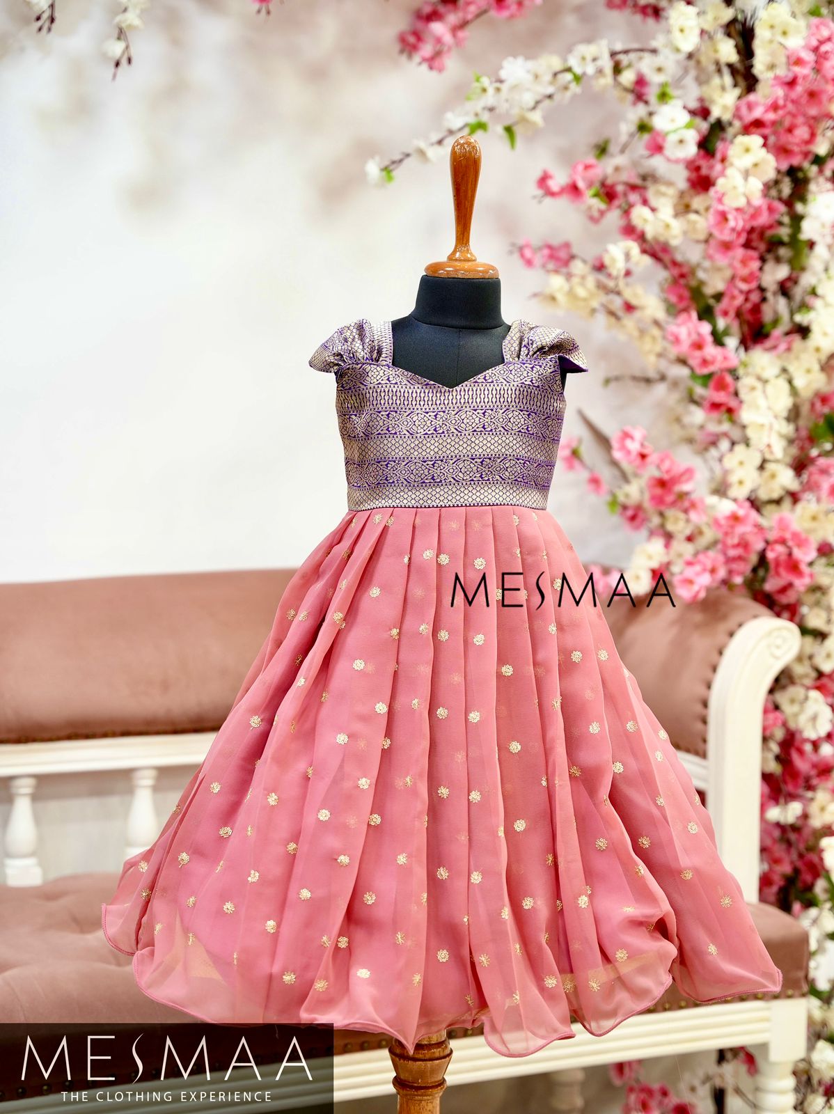 Flamingo pink violet kids gown.