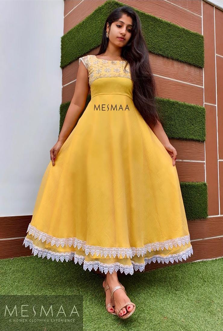 Sunflower yellow white anarkali.