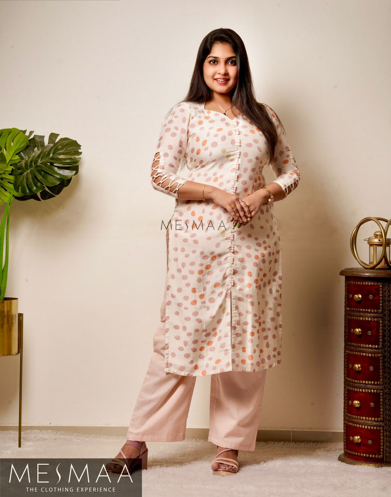 white blush pink dotted kurti set