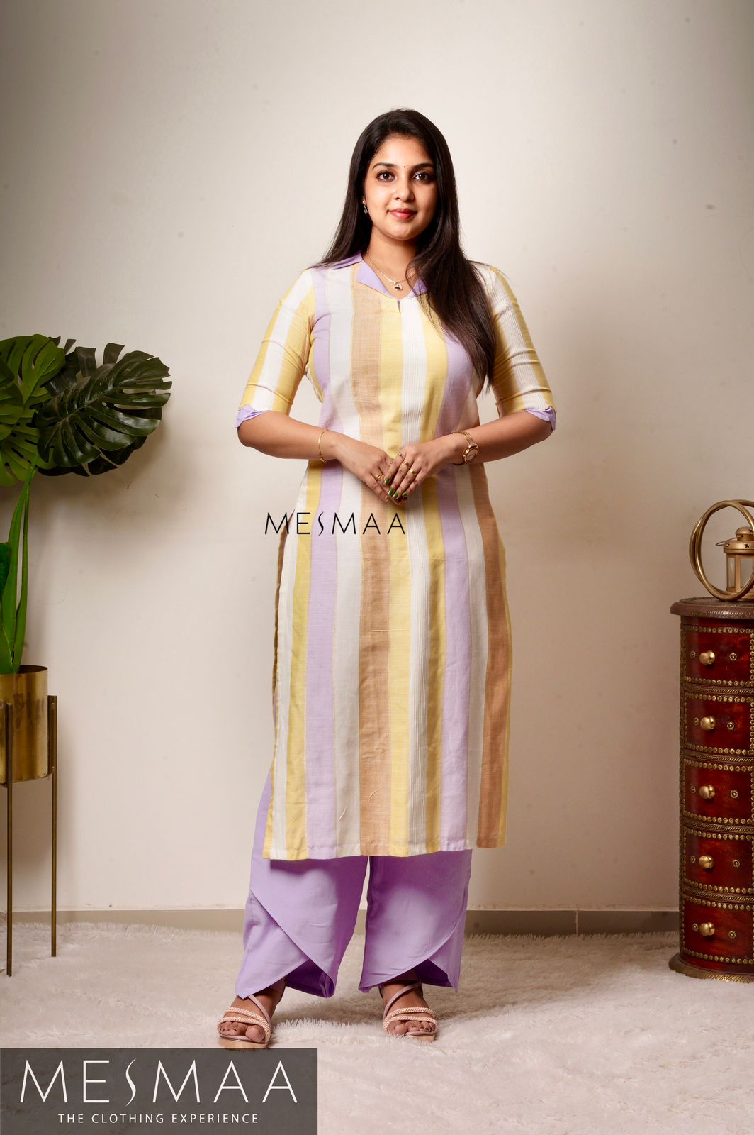Lavender yellow striped kurti set