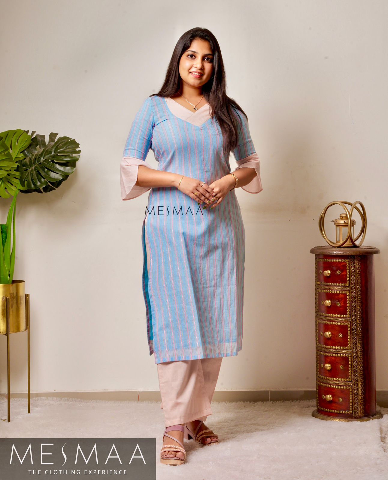 Ice blue baby pink striped kurti set