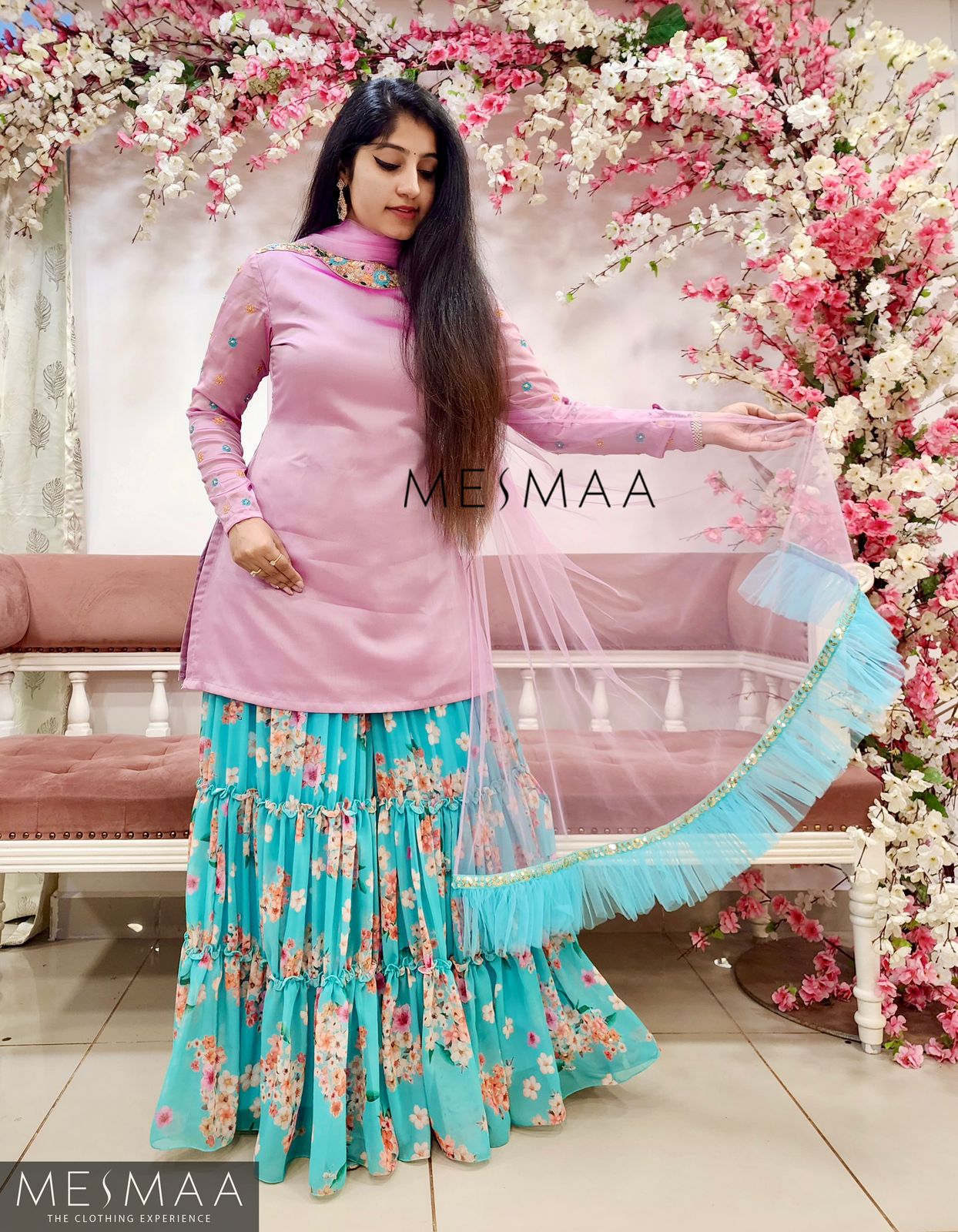 Lotus pink sky blue shararah set.
