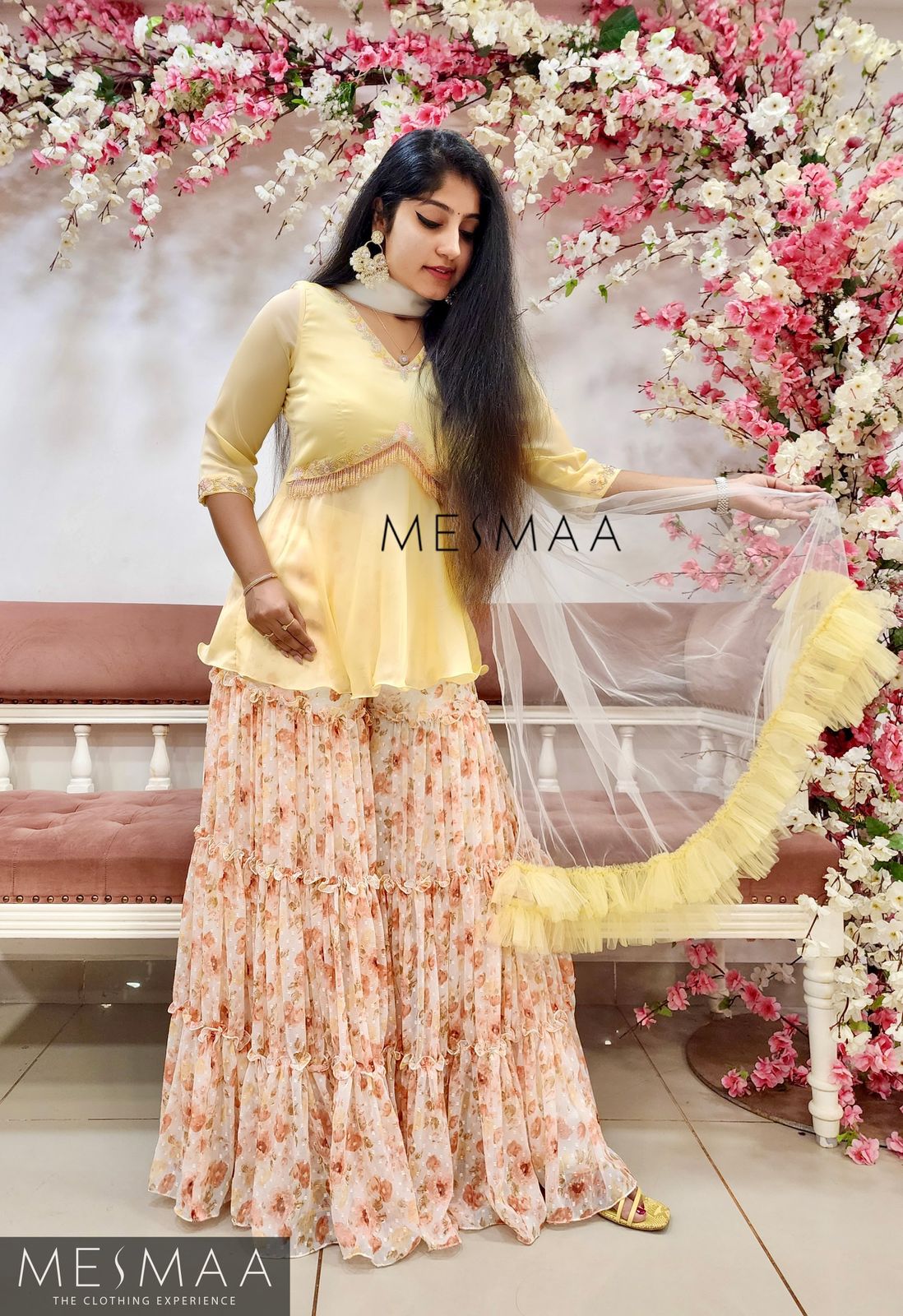 Baby yellow white peach shararah set.