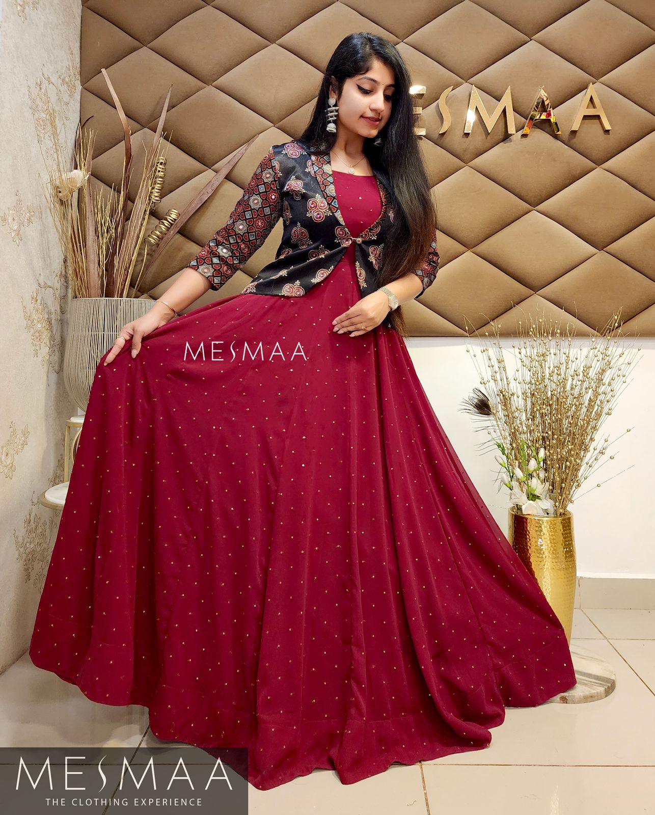 Maroon black ajrakh overcoat gown