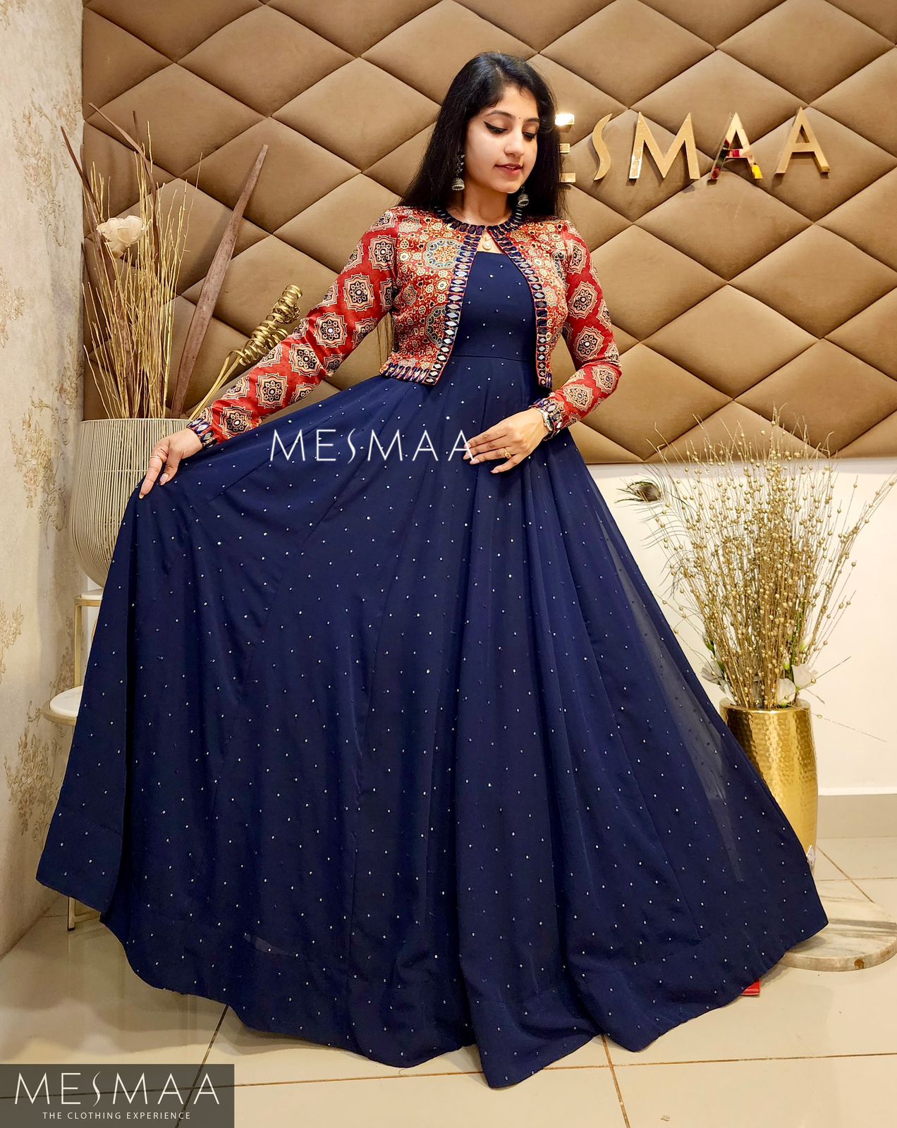 Navy blue brick red ajrakh overcoat gown