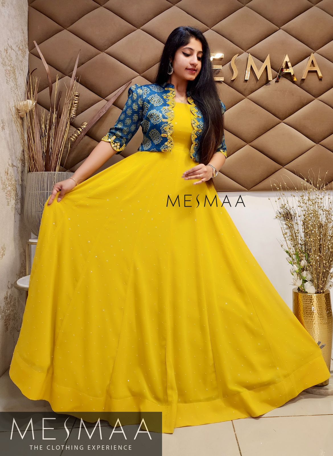 Mustard indigo ajrakh overcoat gown