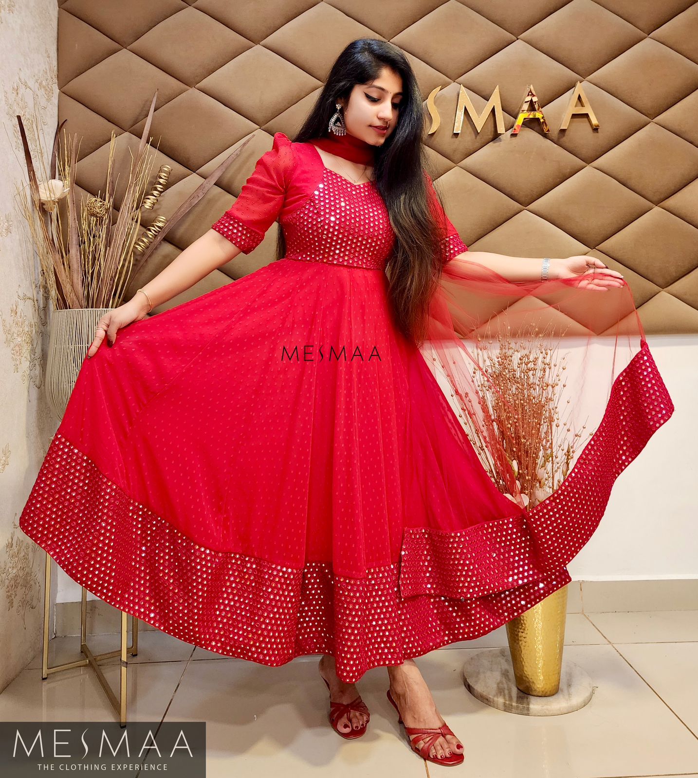Crimson red mirror worked flared Anarkali