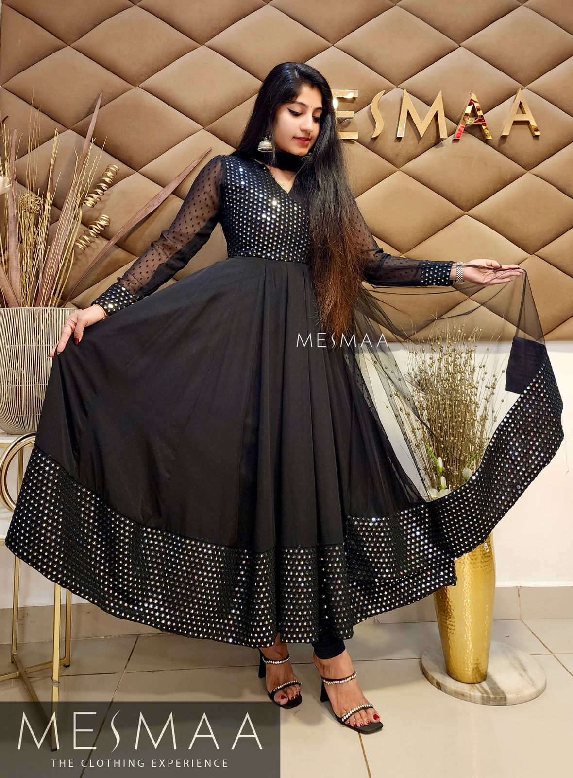 Black bling mirror worked flared Anarkali