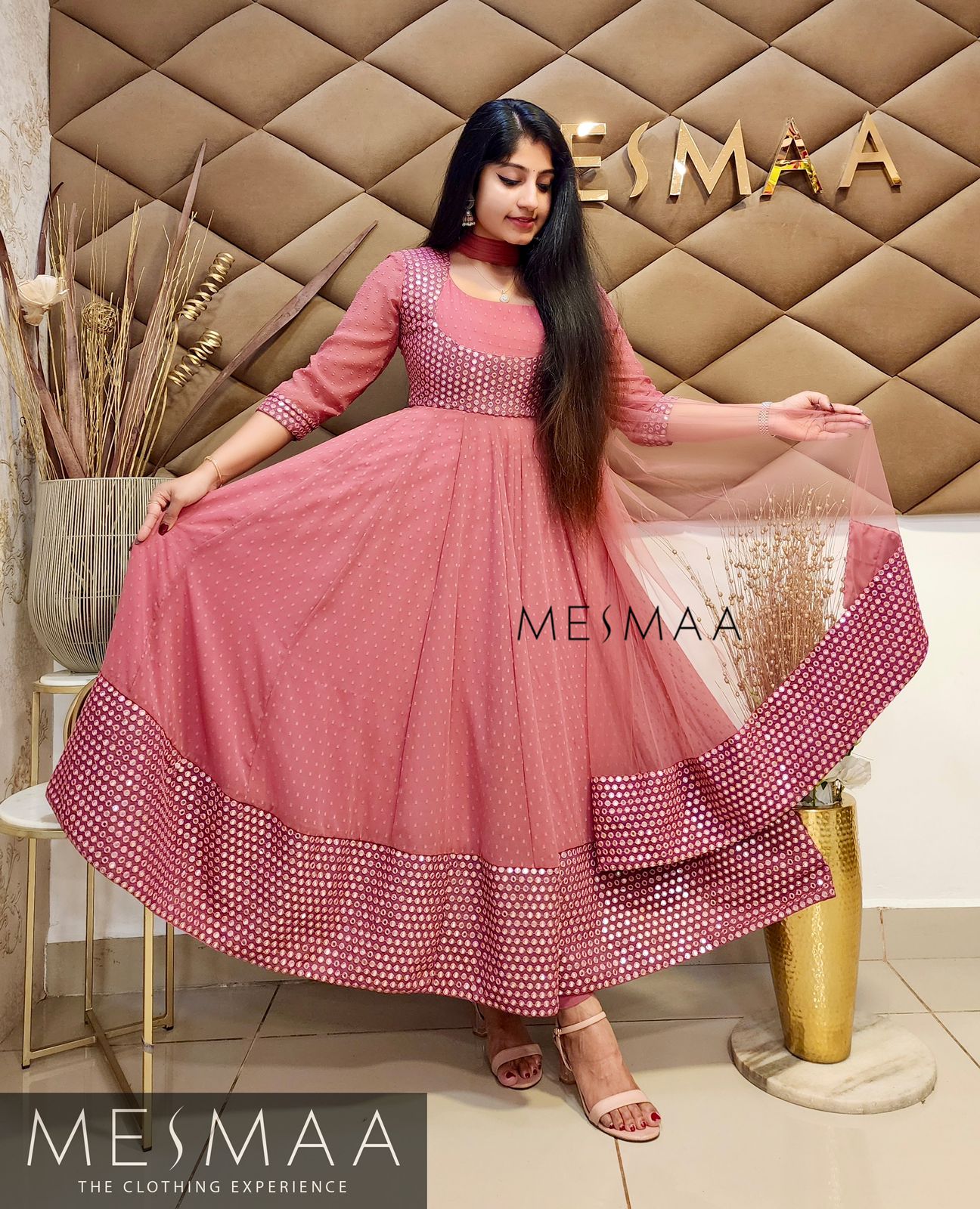 Flamingo pink mirror worked flared Anarkali