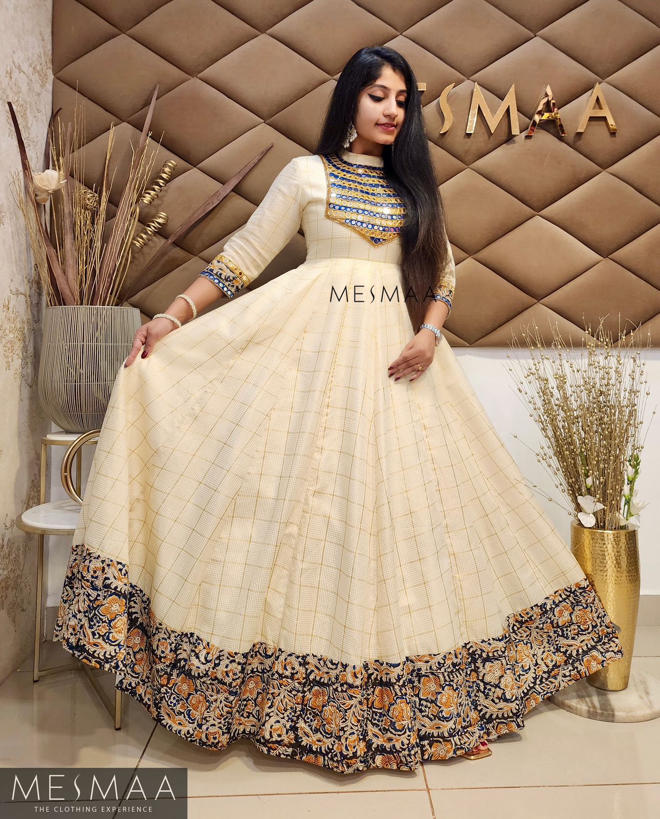 Indigo mustard Kalamkari Kerala type gown.