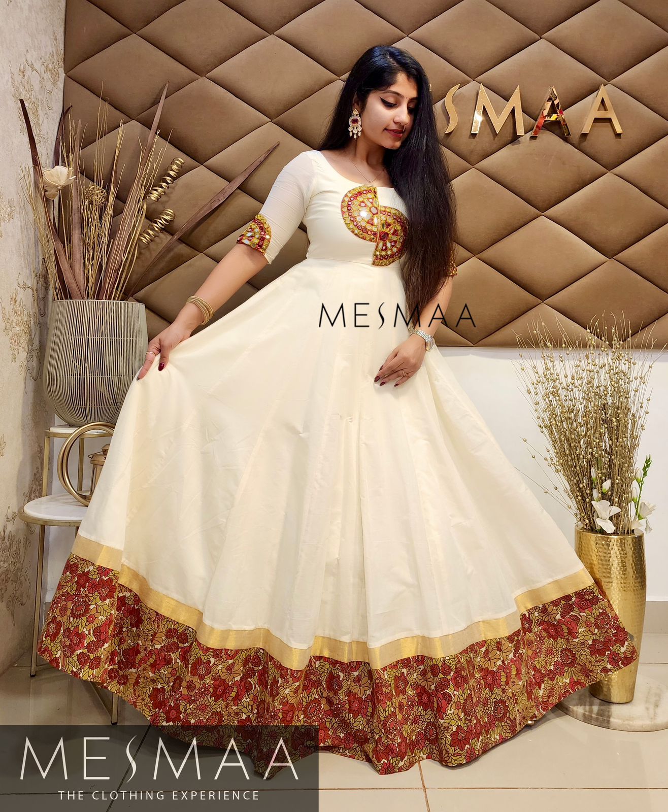 Red green Kalamkari Kerala type gown