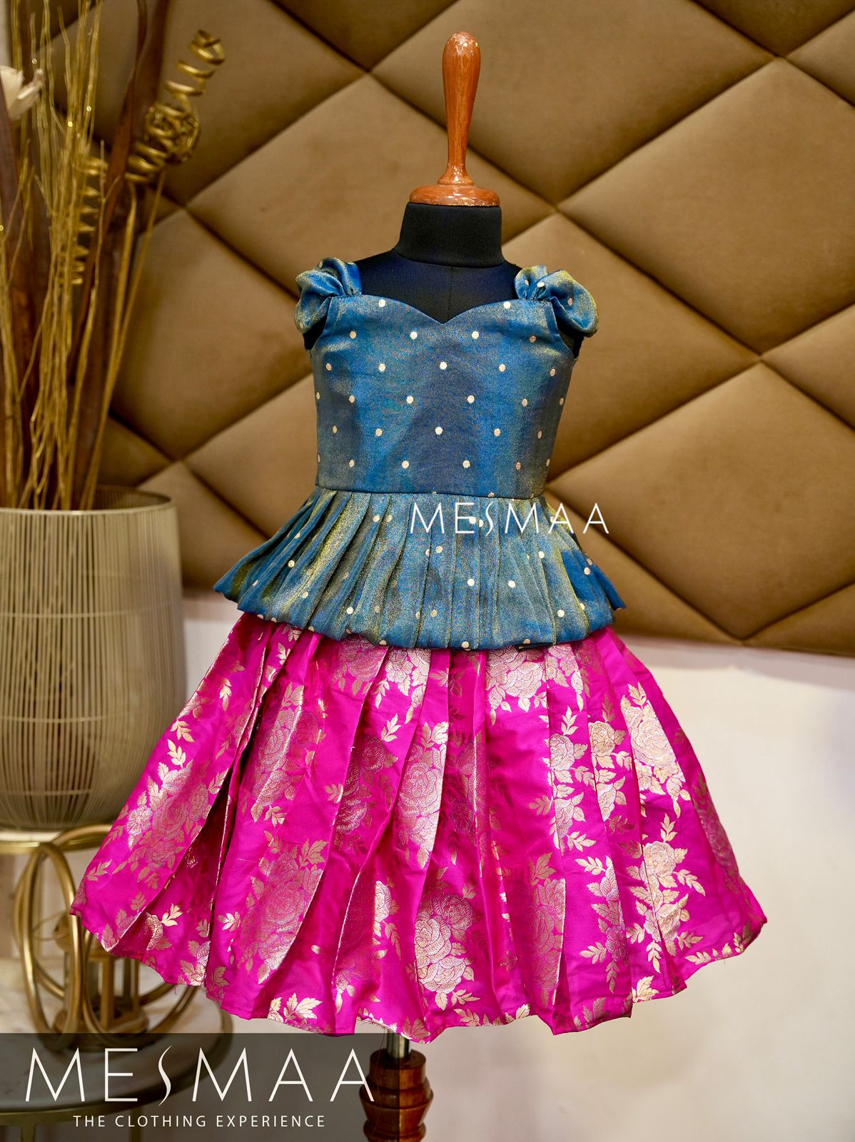 Fuschia pink ash blue peplum lehenga set