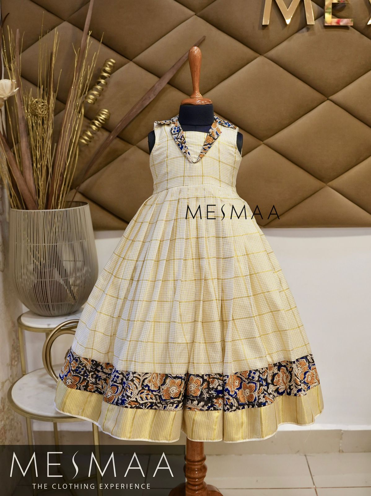 Indigo mustard kalamkari Kerala type kids gown
