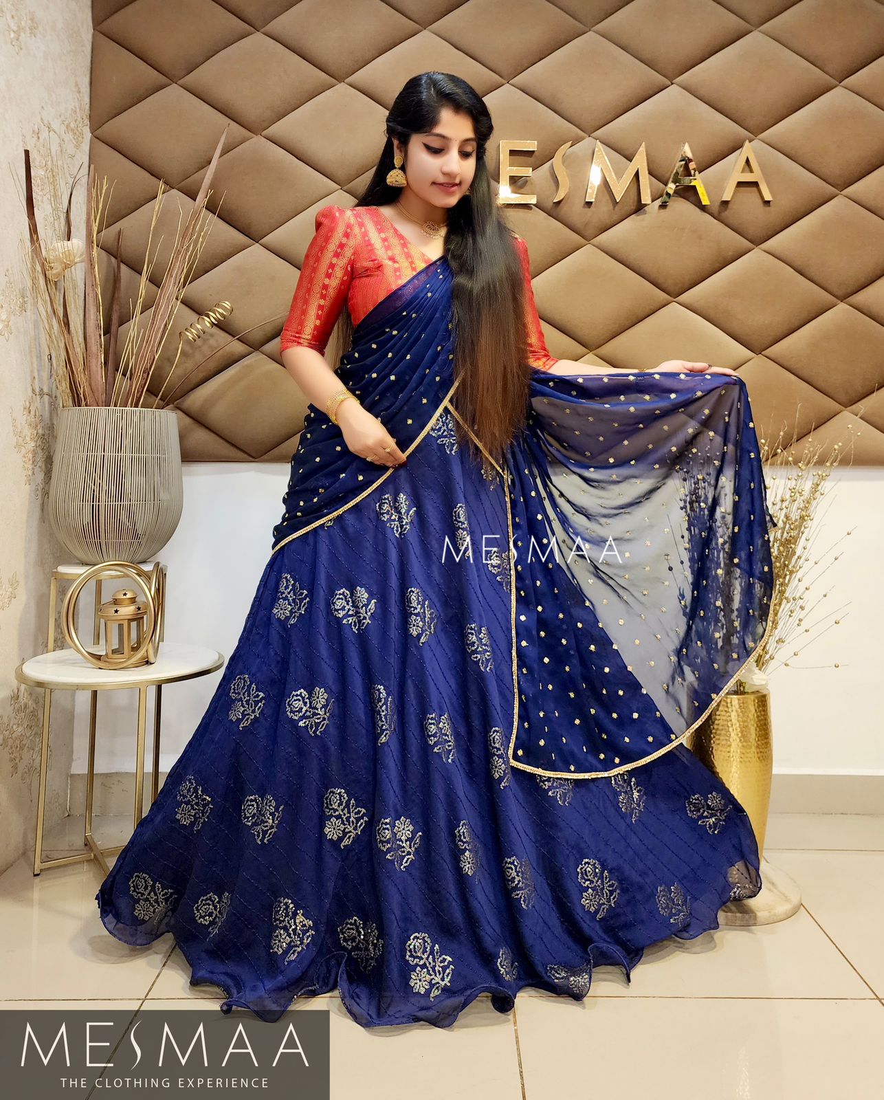 Navy blue red half saree.