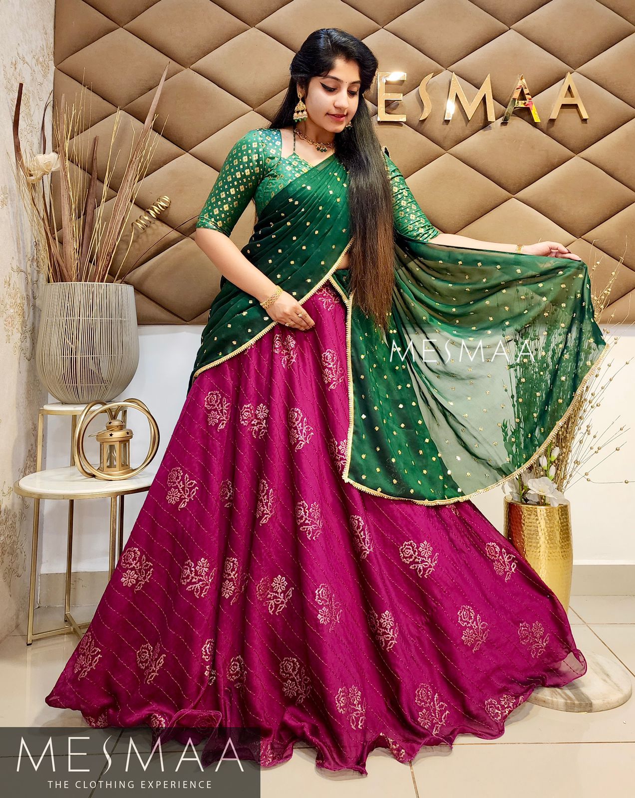 Purple bottle green half saree.