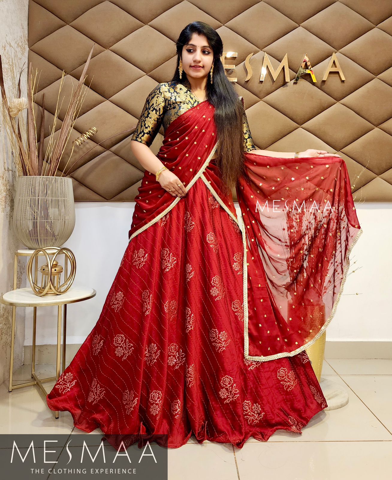 Scarlet red black half saree