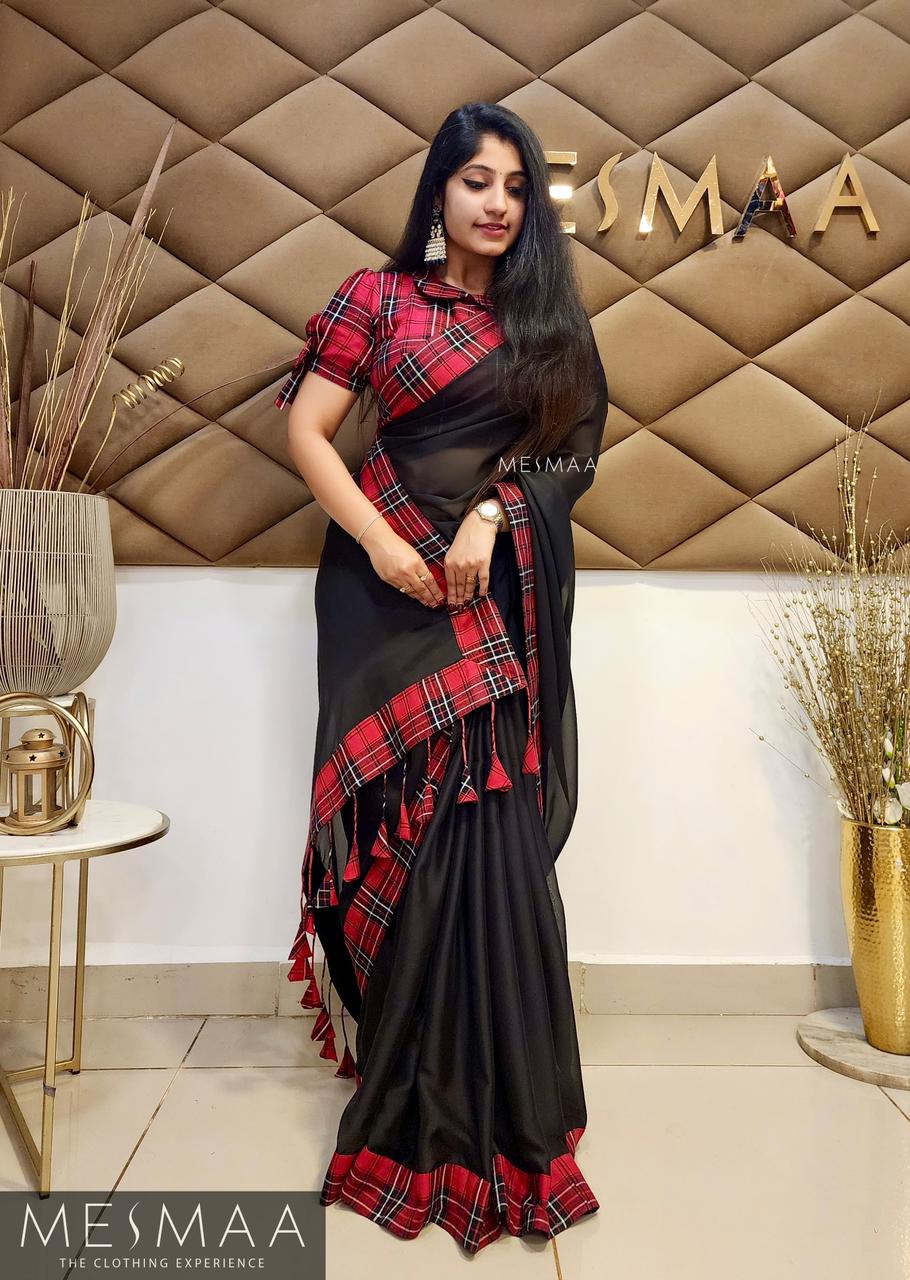 Black red checked saree