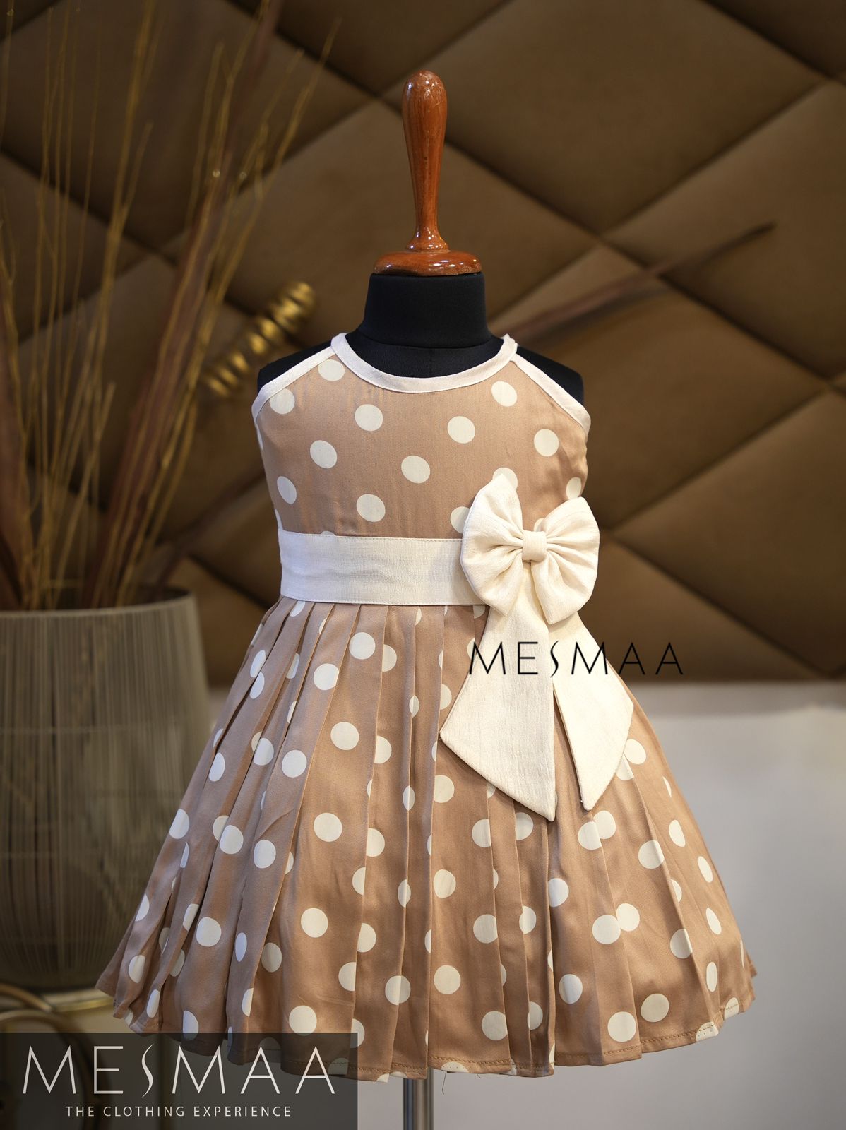 Beige white polka kids frock