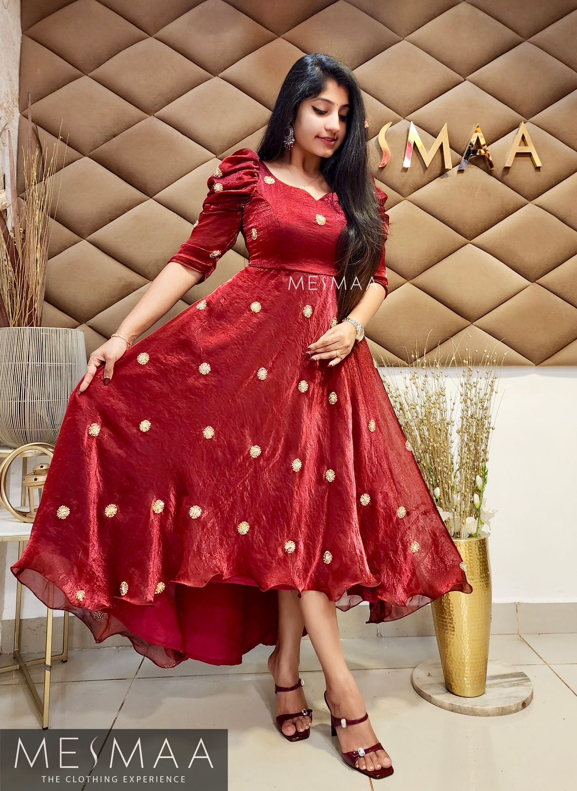 Mettalic maroon low high hem dress