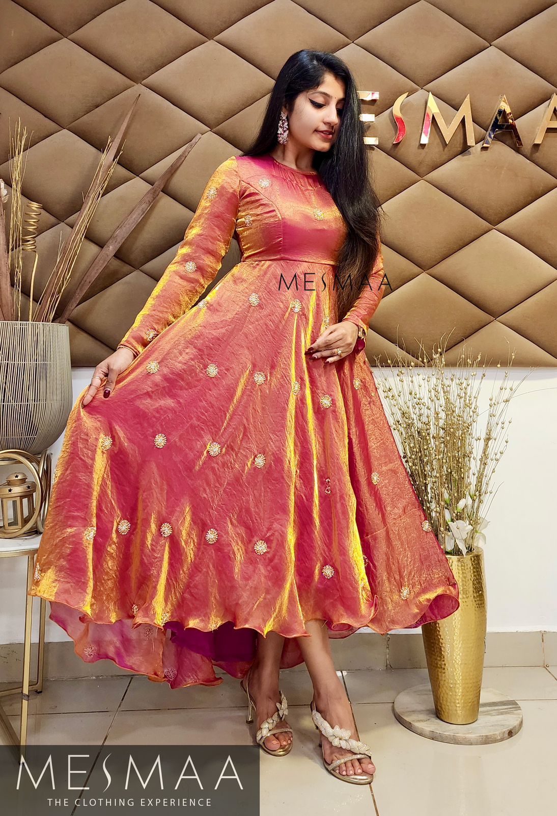 Golden pink low high hem dress