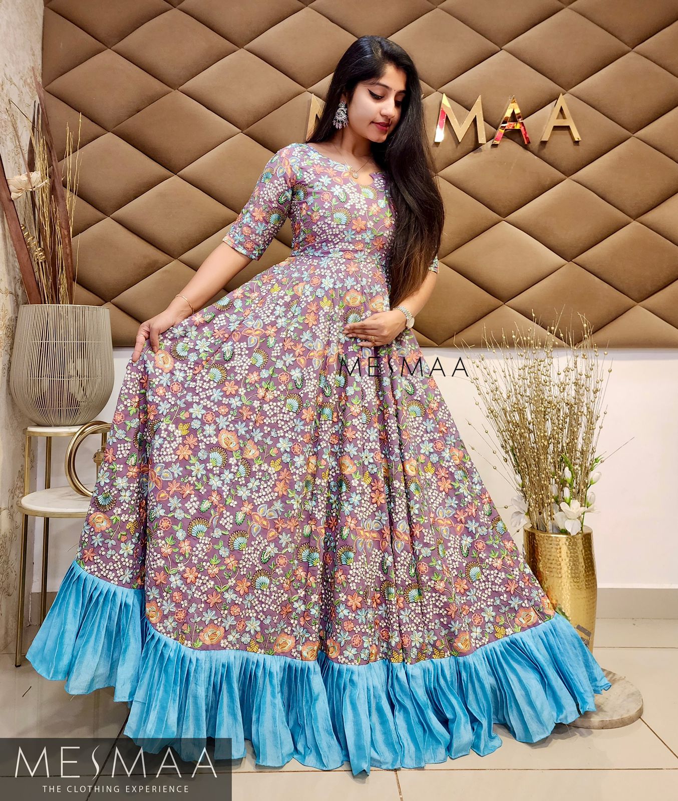 Lavender sky blue gown.