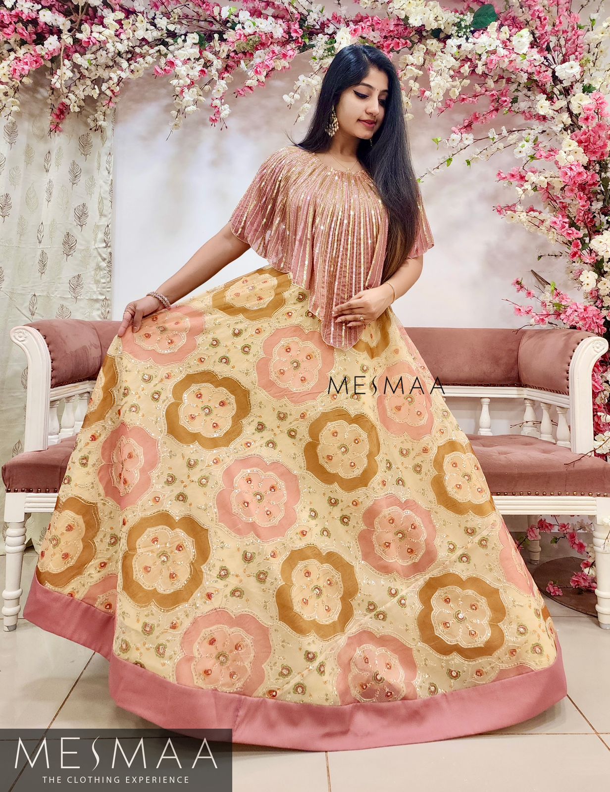 Pastel pink beige cape lehenga