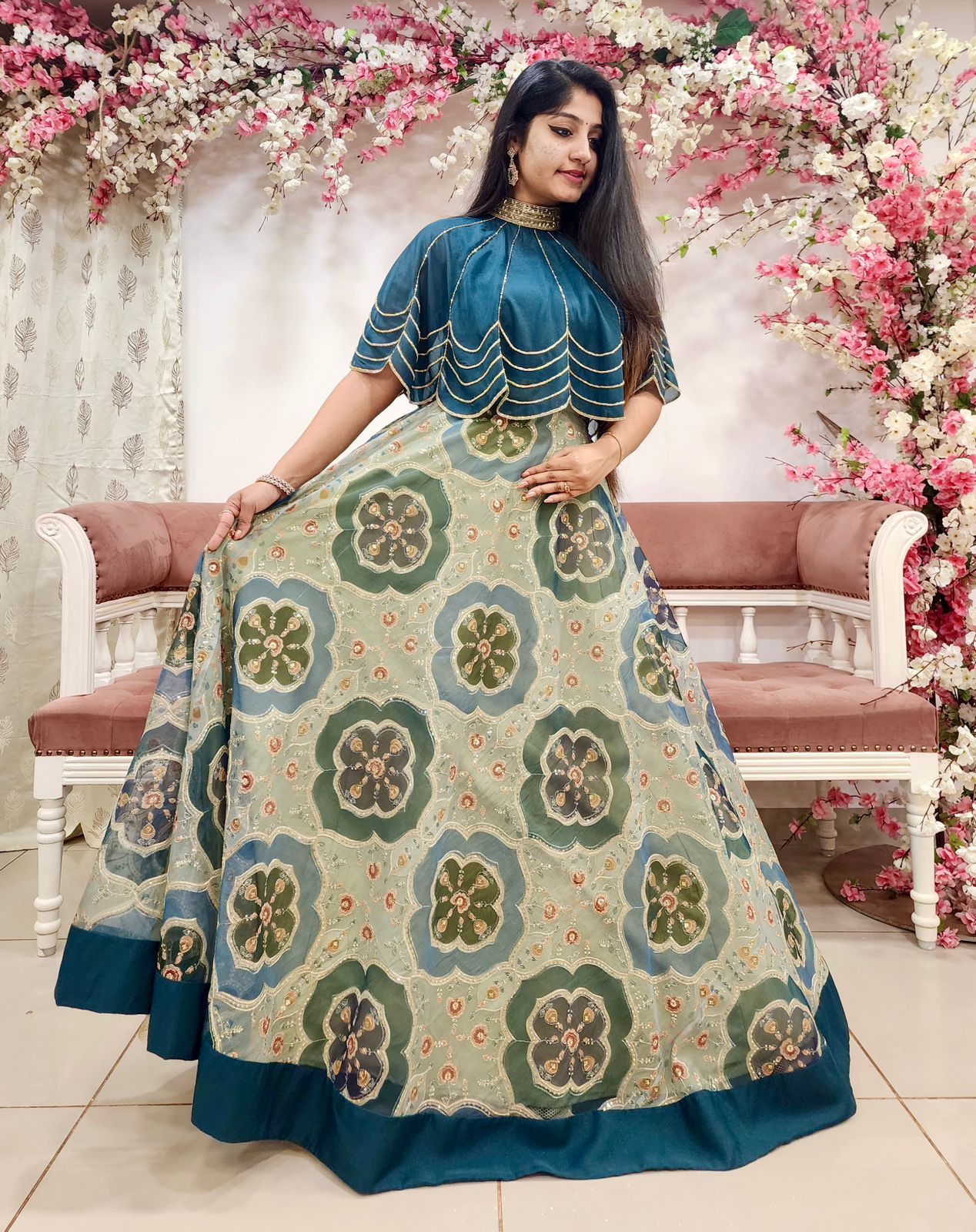 Teal sea green cape lehenga