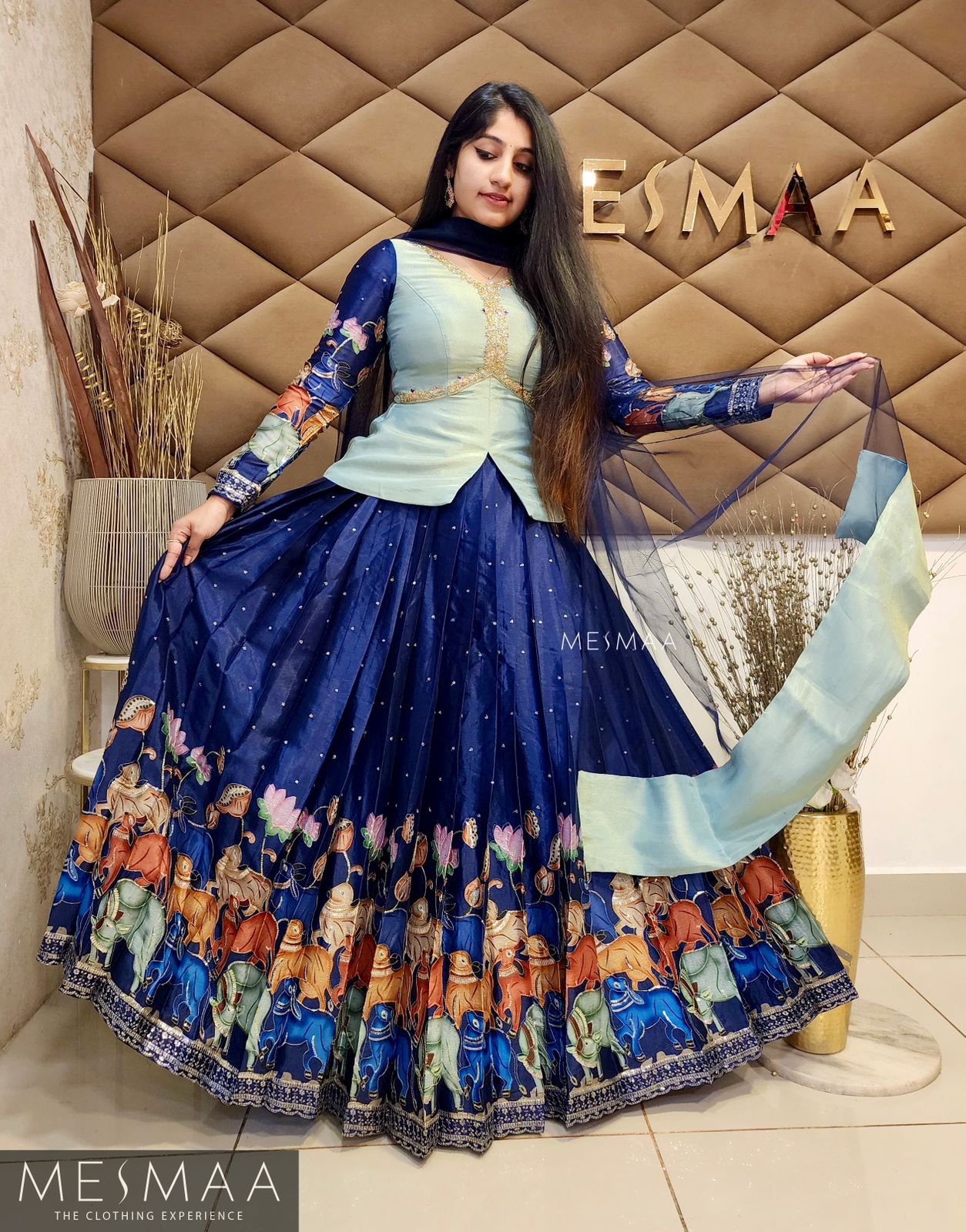 Navy blue teal pichwai lehenga.