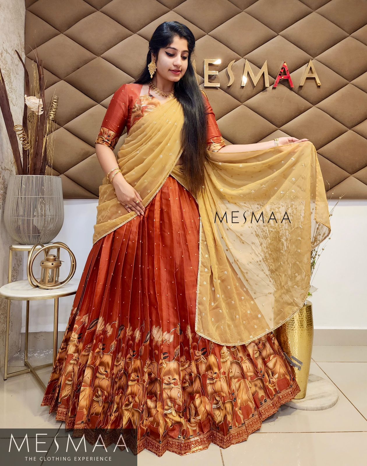Caramel brown beige pichwai lehenga.