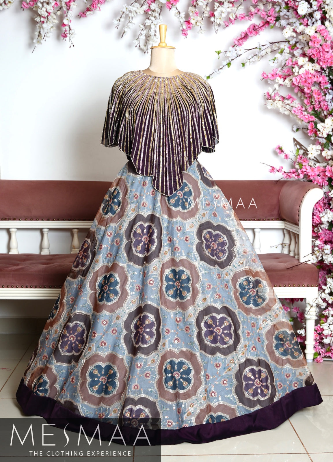 Deep vine ash blue cape lehenga.