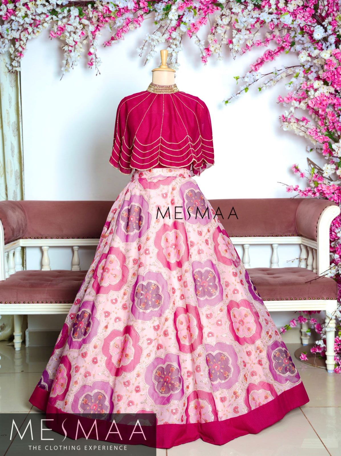 Ruby pink baby pink cape lehenga.