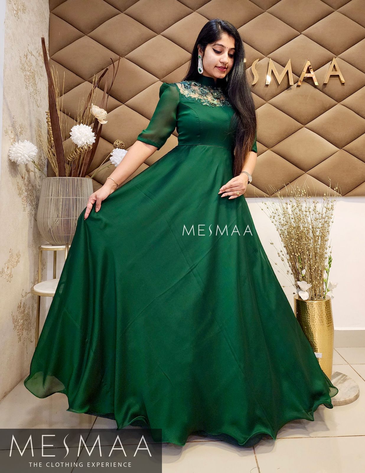 bottle green gown.