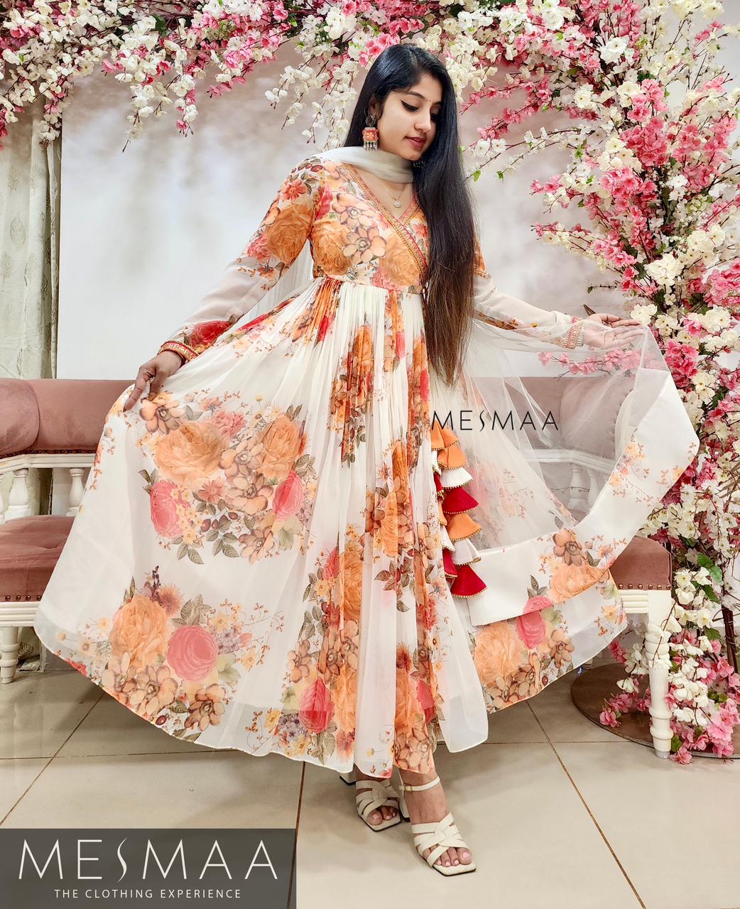 White floral pleated Anarkali.