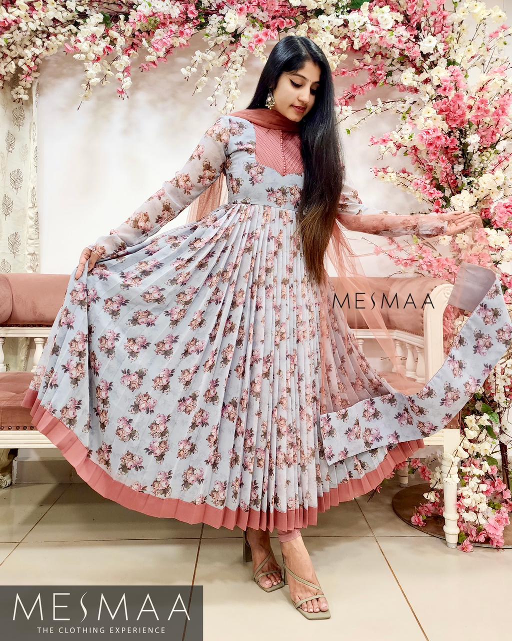 Grey dusty pink floral pleated Anarkali.