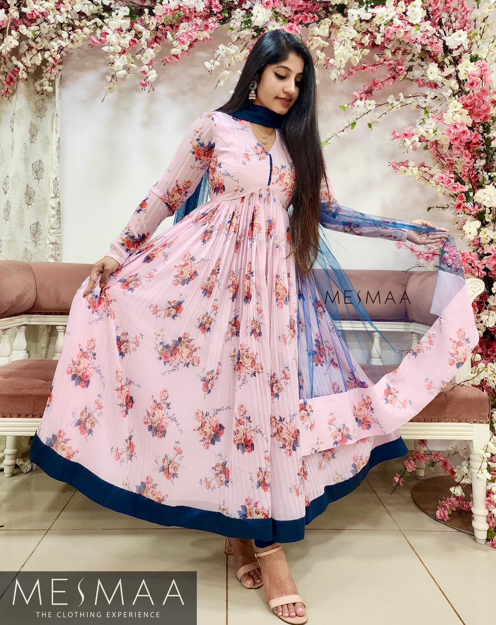 Baby pink indigo floral pleated Anarkali.