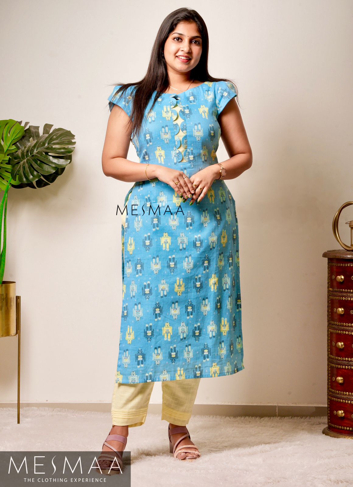Pastel blue pastel yellow robot kurti
