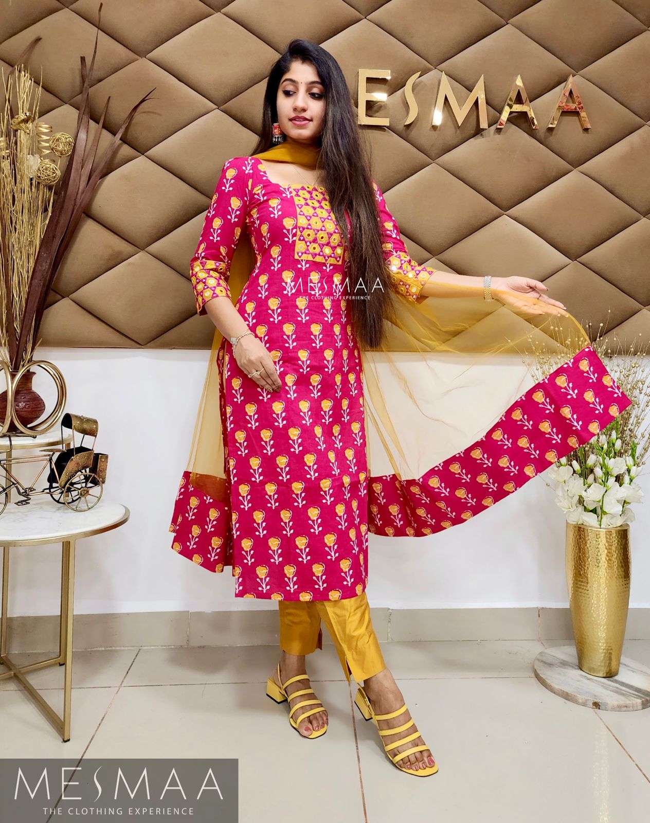 Rani pink mustard yellow mirror worked Kurti