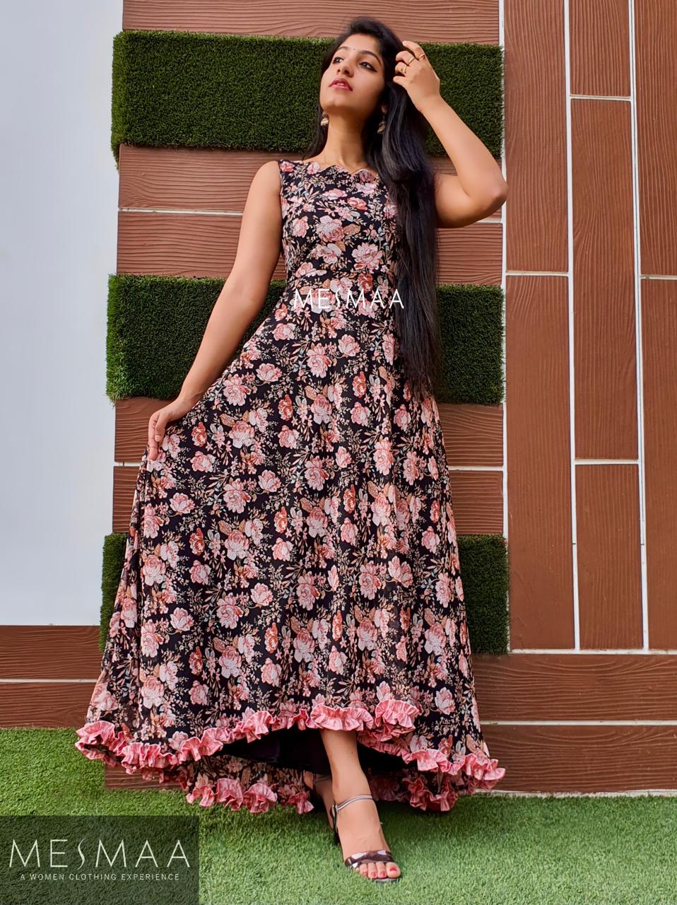 Black peach floral low high hem.