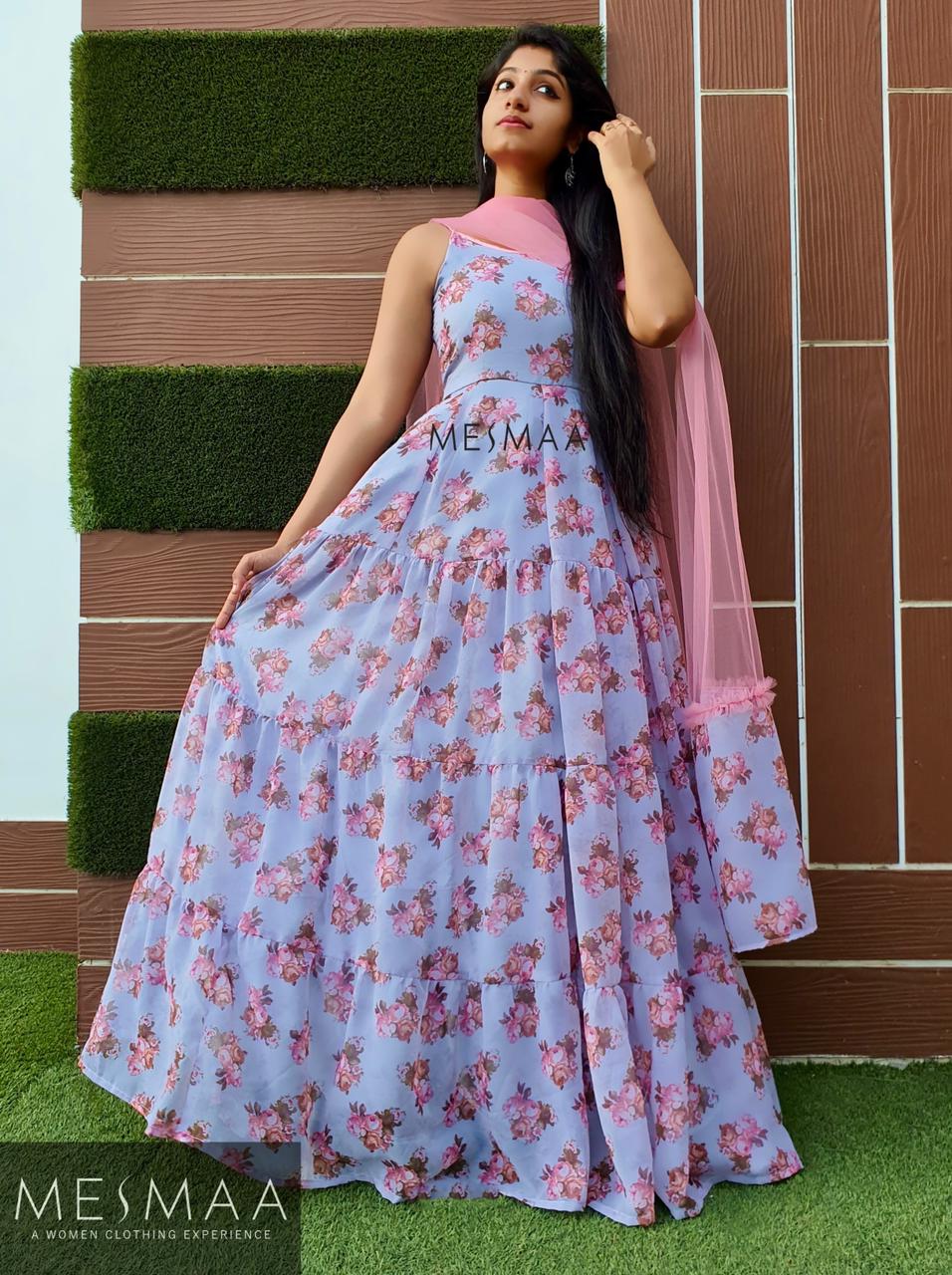 Bluish grey pink floral floor length dress.