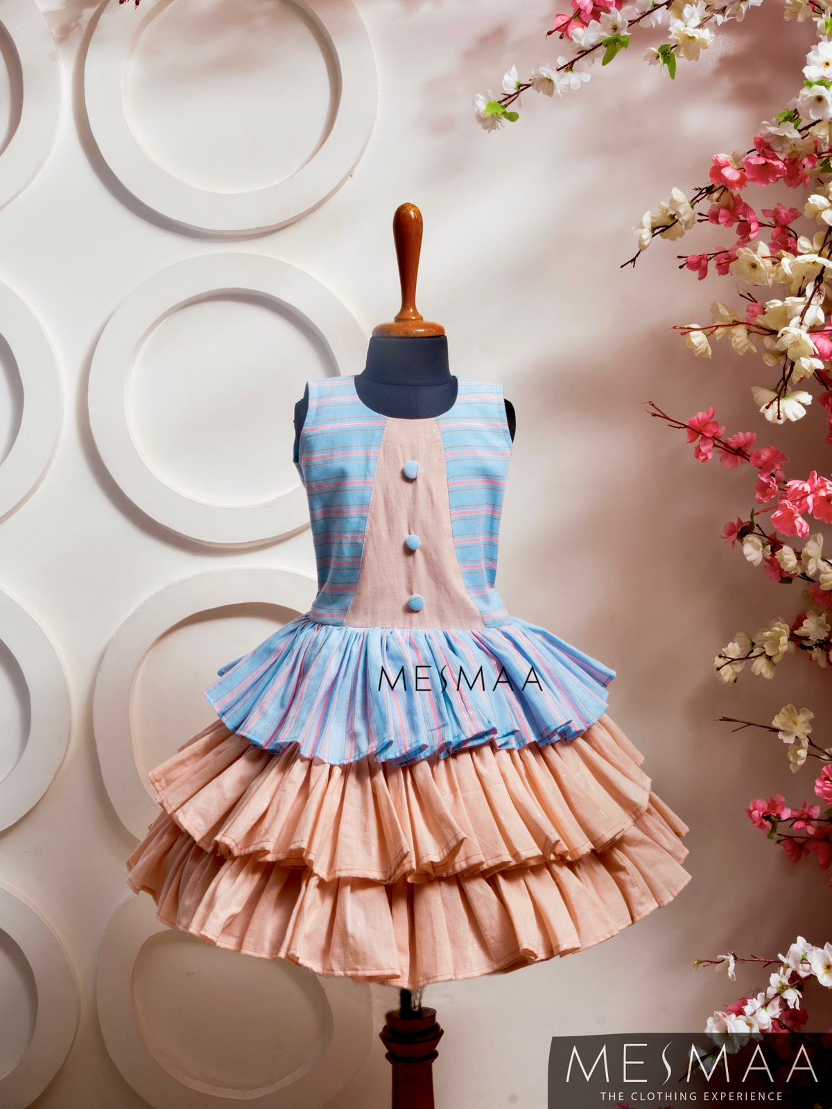 Ice blue baby pink striped kids gown.