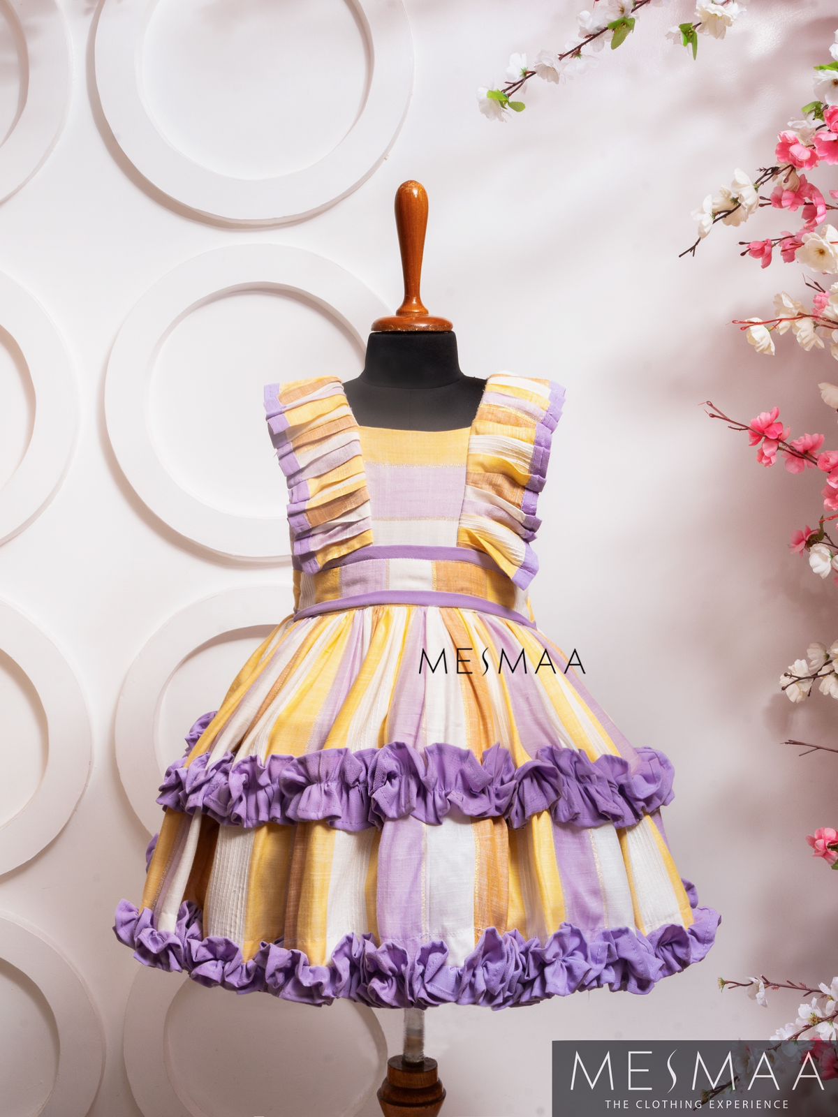 Lavender yellow striped kids gown.