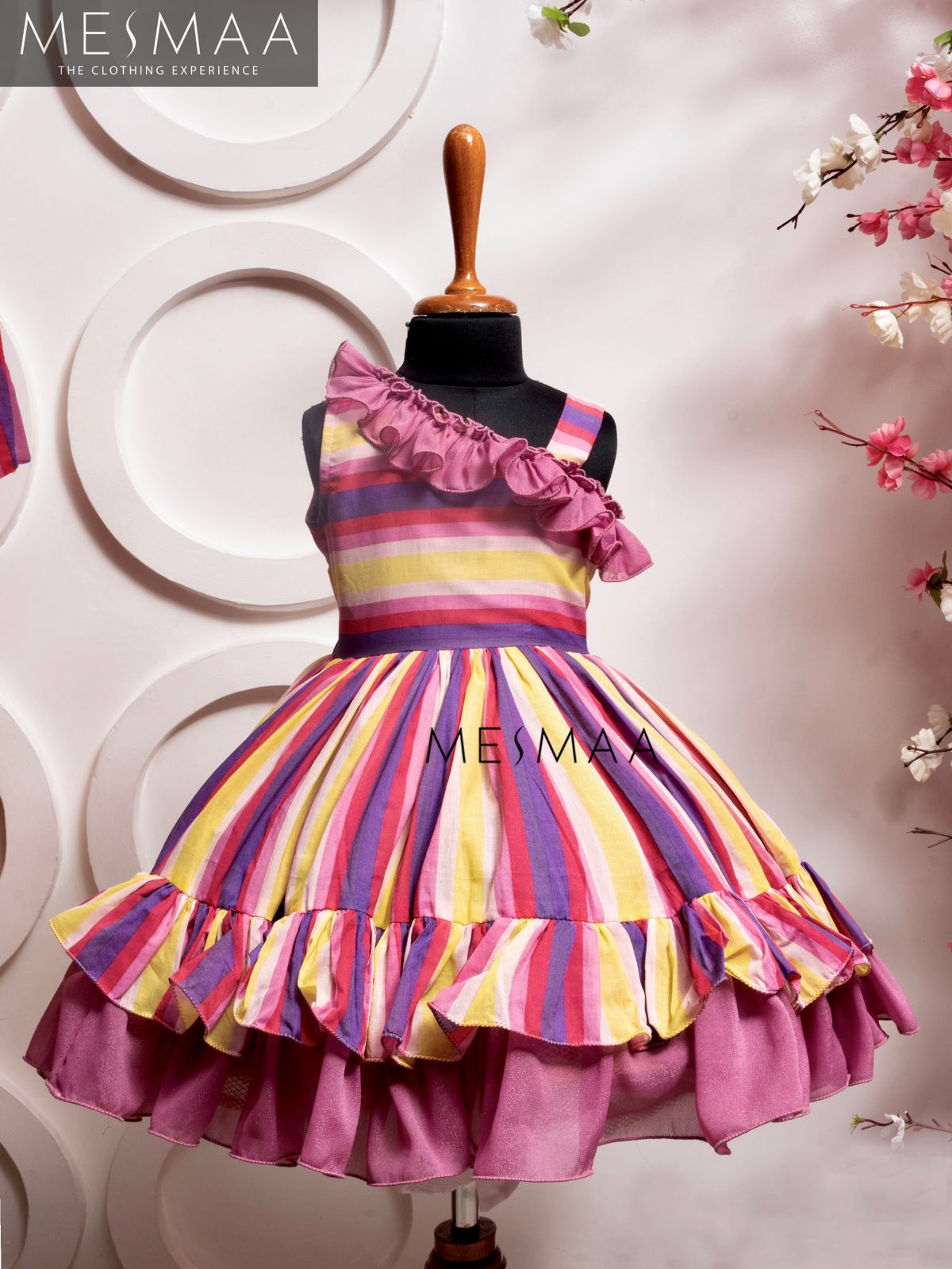 Onion pink yellow striped kids gown.