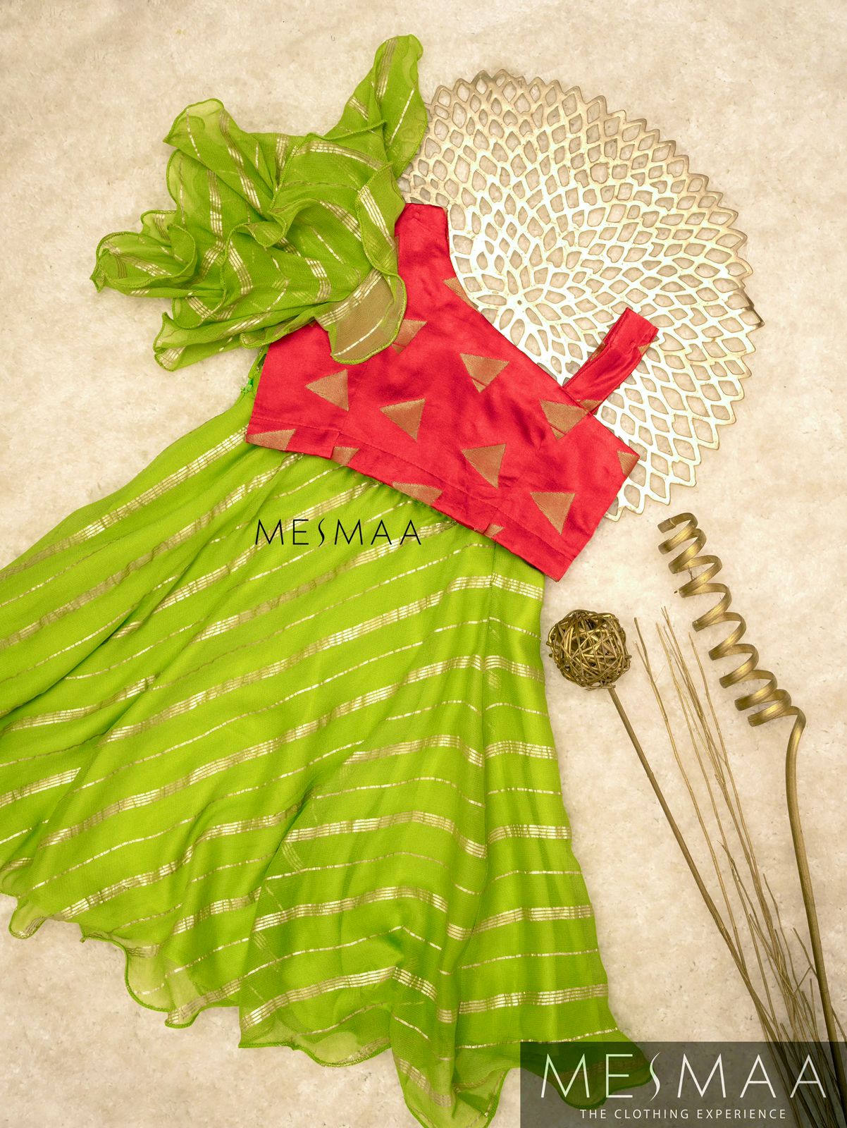 Bright green red crop top skirt for kids.